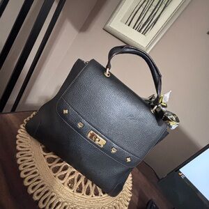 MCM Black Leather Satchel with Gold Hardwares